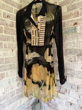 Black Sheer Long-Sleeve Tunic / Blouse with Yellow Floral Print